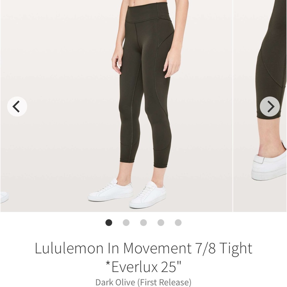 Like new, Lululemon In Movement 7/8 Tight *Everlux 25" Dark Olive, size 10